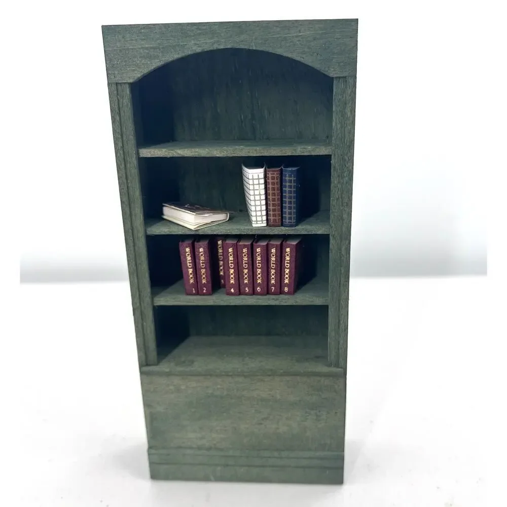 Hand Painted Green Wooden Dollhouse Miniature Bookcase with Books 1:12